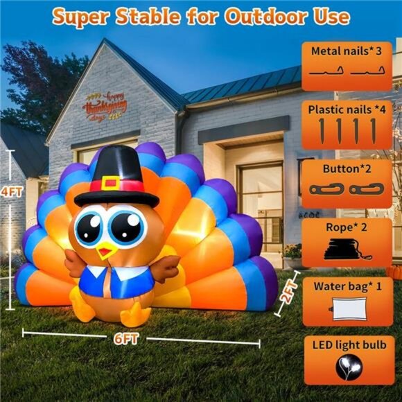 6FT Thanksgiving Inflatables Outdoor Decoration Inflatable Turkey, Built in LED - Picture 2 of 7